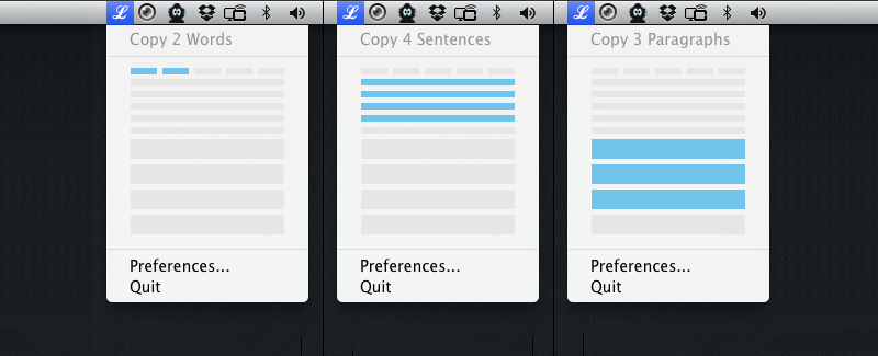 Selecting a range of lengths of Lorem Ipsum from the menu bar icon.